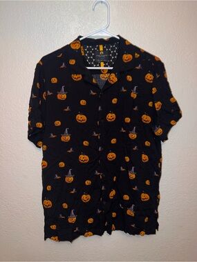 Denim & Flower Black Button-Down Shirt with Orange Pumpkin Print